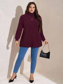 SHEIN LUNE Maglietta oversize con collo alto, spalle scoperte e orlo spaccato, adatta per uscite invernali e Capodanno, in tinta unita, taglie forti - Viola rosso - Visualizzare 4