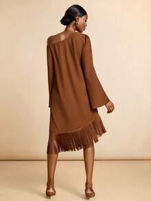Lyxana Asymmetric Shoulder Long Sleeve Asymmetrical Fringe Hem Dress - Brown - View 2
