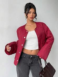 SHEIN Unity Padded Coat With Round Neck, Drop Shoulder, Front Button, Quilted Gourd Pockets - Red Violet - View 1