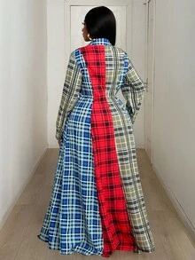 Maweii 大码女式春秋格子休闲翻领纽扣前开衩长袖修身长衬衫裙 - 彩色 - 查看 2