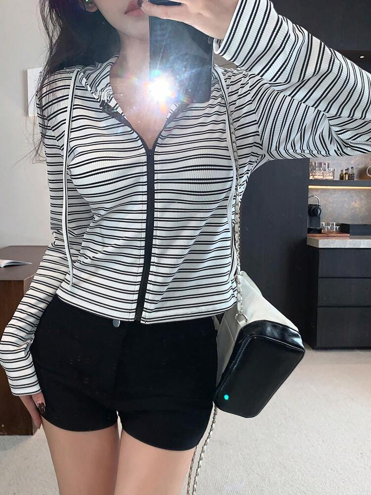Women's Drop Shoulder Long Sleeve Zip-Up Hooded Drawstring Striped T-Shirt