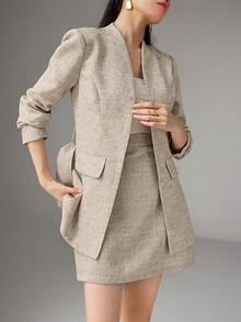 Heiryn Women's Long Sleeve Belted Jacket And Midi Skirt Elegant Suit Set Beige Outfits For Women Blazer Skirt Set Skirt Suit - Apricot - View 6