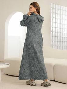 Mulvari Women's Long Sleeve Button Decorated Knit Fabric Flared Hem Arabic Style Dress, Autumn/Winter - Dark Grey - View 2