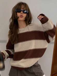 DAZY 青少年/青年女孩休闲宽松条纹毛衣，秋季 - 棕色 - 查看 1