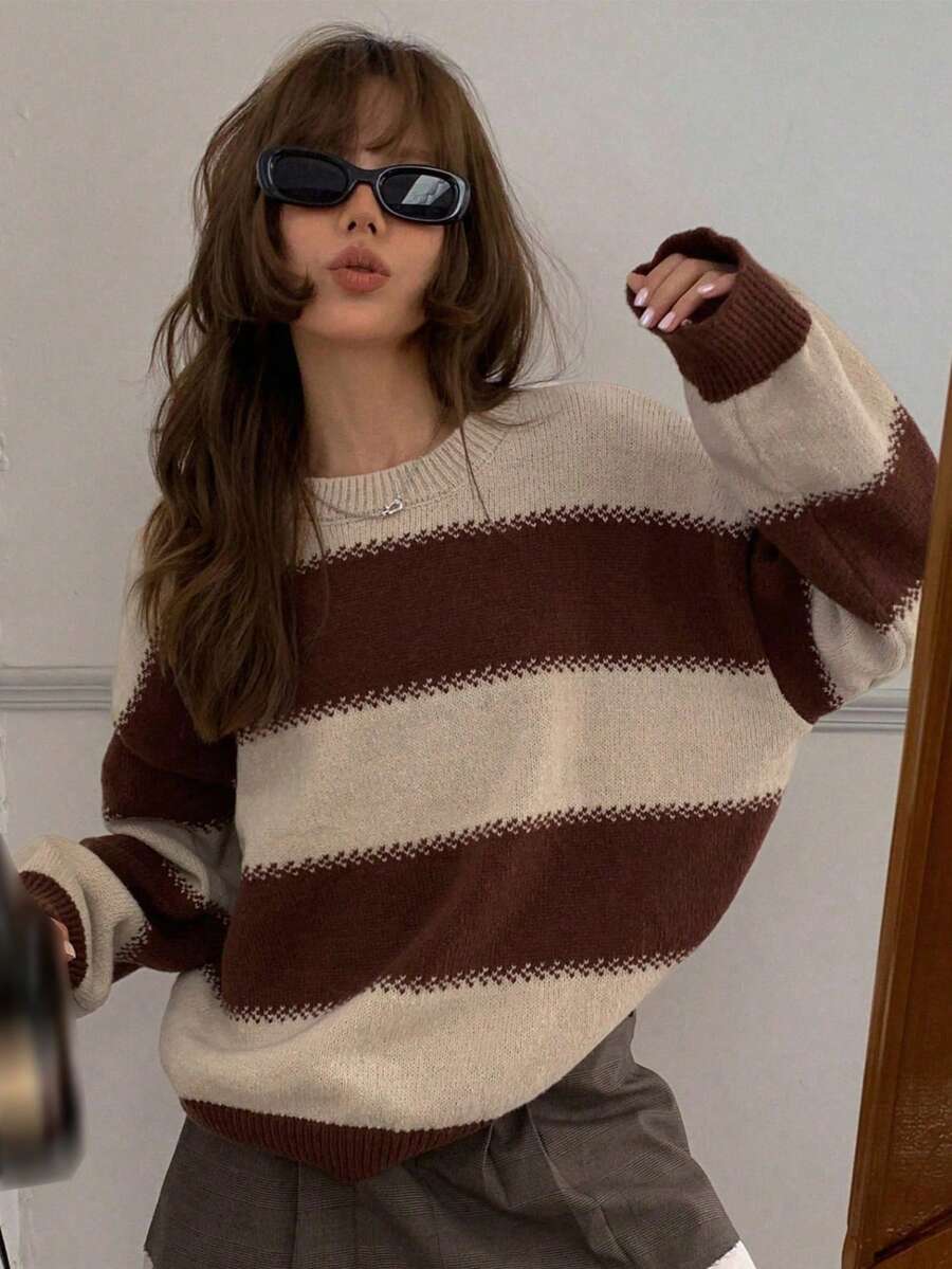 DAZY 青少年/青年女孩休闲宽松条纹毛衣，秋季 - 棕色 - 查看 1