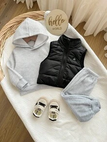 男婴可爱秋冬休闲针织连帽衫、裤子和羊毛背心三件套 - 灰色 - 查看 5