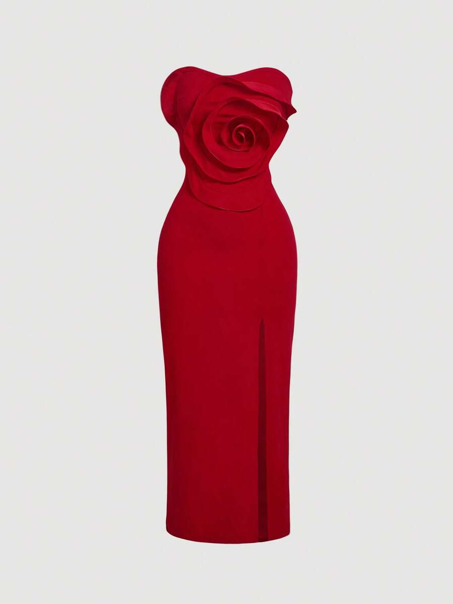 SHEIN MOD Women Ruffle Floral Print Red Strapless Bodycon Dress,Red Dress,Santa Dress, Party Women Dress,New Year Eve Dress,Valentine Outfits - Red - View 1