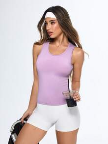 SHEIN Sovereign Charm Débardeur de sport ajusté, col rond, dos nu, couleur unie minimaliste pour femmes, été - Prune - Voir 1