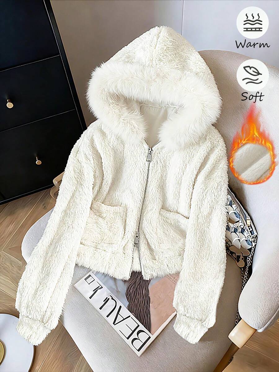 Franclia 休闲时尚泰迪绒外套，纯色蓬松连帽拉链简约外套，秋冬款 - 米色 - 查看 1