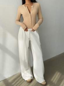 FavEase Women's Autumn/Winter Comfortable Fitted Metal Button Ribbed Knit Bodysuit - Apricot - View 6