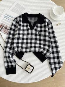 SHEIN Genkimix Kids Maglione lavorato a maglia a maniche lunghe con scollo a V rosa per ragazze adolescenti, con motivo ricamato elegante, comodo e versatile - nero - Visualizzare 3