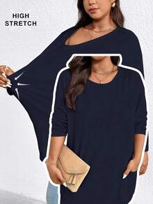 EMERY ROSE Women's Casual Loose Daily Simple Solid Color Round Neck Plus Size T-Shirt Fall - Blue - View 2