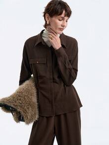 SHEIN Stylify Women's Dark Brown Autumn Effortless Chic Office Set,Solid Long Sleeve Shirt Collar Button Pocket Waist Belt Top&Elastic Loose Straight Leg Pants - Chocolate Brown - View 6