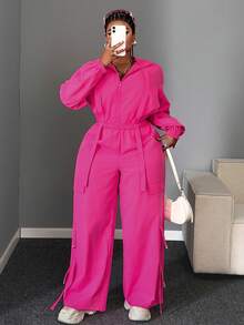 Maweii 2件套加大码时尚性感亮色长袖褶皱连体裤，秋季面料，女士粉色休闲套装 - 玫紅色 - 查看 7