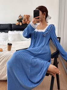 SHEIN Women's Blue Contrast Lace Square Neck Long Nightgown, Winter - Blue - View 5