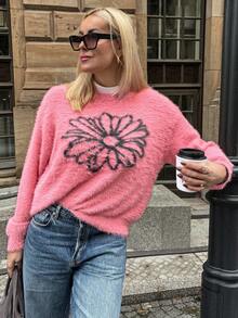 Vivie Lora Women's Loose Fit Floral Pattern Fuzzy Knit Sweater, Pink, Autumn/Winter - Pink - View 2