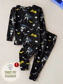 BATMAN X SHEIN 男婴卡通蝙蝠印花针织圆领上衣和裤子紧身睡衣套装 - 黑色 - 查看 2