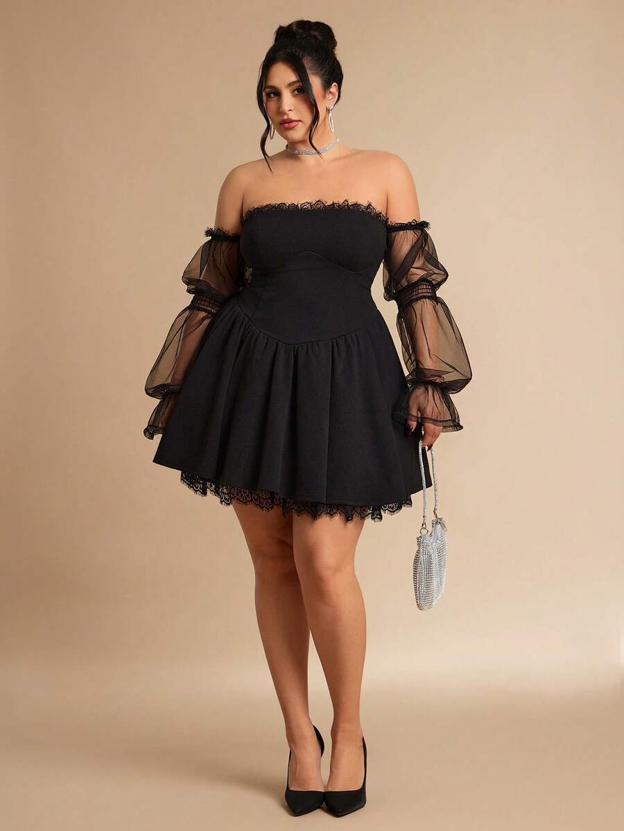 SHEIN BAE 大码女士优雅蕾丝浪漫迷你连衣裙,蕾丝拼接短款连衣裙,适合情人节、约会之夜、夜生活、法式风情、晚礼服、生日派对、伴娘礼服、简约优雅日常连衣裙、婚纱、正式场合连衣裙、性感沙滩装、夏季女装、度假装、网纱迷你连衣裙 - 黑色 - 查看 1