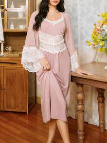 Côtesoire Elegant French Romantic Mesh & Lace Patchwork Women's Nightgown - Dusty Pink - View 5