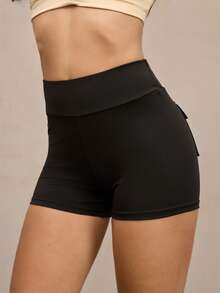 Activina 纯色高腰无缝修身运动短裤 - 黑色 - 查看 4