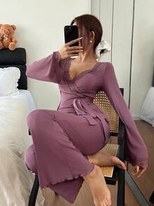 SHEIN 女士休闲V领蕾丝拼接收腰喇叭长袖长款睡裙套装 - 紫丁香色 - 查看 3