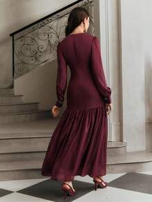 Anewsta Váy nữ cỡ tiêu chuẩn thanh lịch chất lượng cao với họa tiết thêu hoa hồng đính đá, đầm dài tay dự tiệc trang trọng - Màu Đỏ Sâu - Xem 7