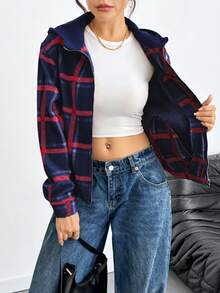 Chamarra para mujer básica de lana con estampado de cuadros multicolor y capucha ligera de moda para uso casual o diario - Azul - Ver 2