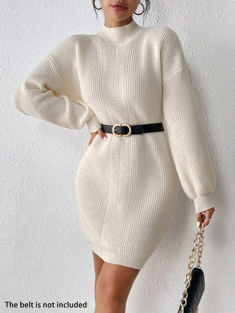 Chiquease 小高領落肩袖毛衣洋裝不附腰帶 - 杏色 - 查看 1