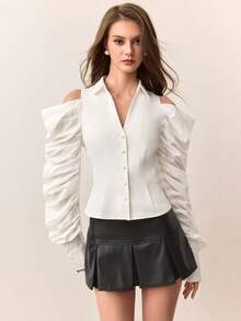 SHEIN Unity Blusa de manga larga elegante con cuello ajustado, diseño de parches de unicolor, mangas con volantes multicapa exageradas y hombros descubiertos de moda y versátil - Blanco - Ver 6