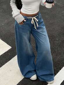 K-Vae 女式休闲低腰阔腿牛仔裤，蓝色 - 中等水洗藍 - 查看 3