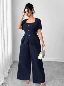 Elenzga Bộ 2 món áo thun tay ngắn vải jacquard họa tiết ôm sát thanh lịch dành cho nữ cỡ lớn kèm quần ống đứng - Màu xanh hải quân - Xem 6