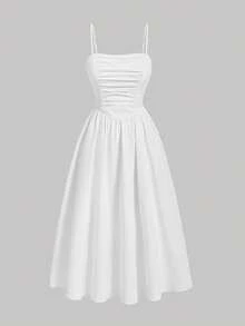 SHEIN MOD 女士休闲纯色褶皱吊带连衣裙，夏季