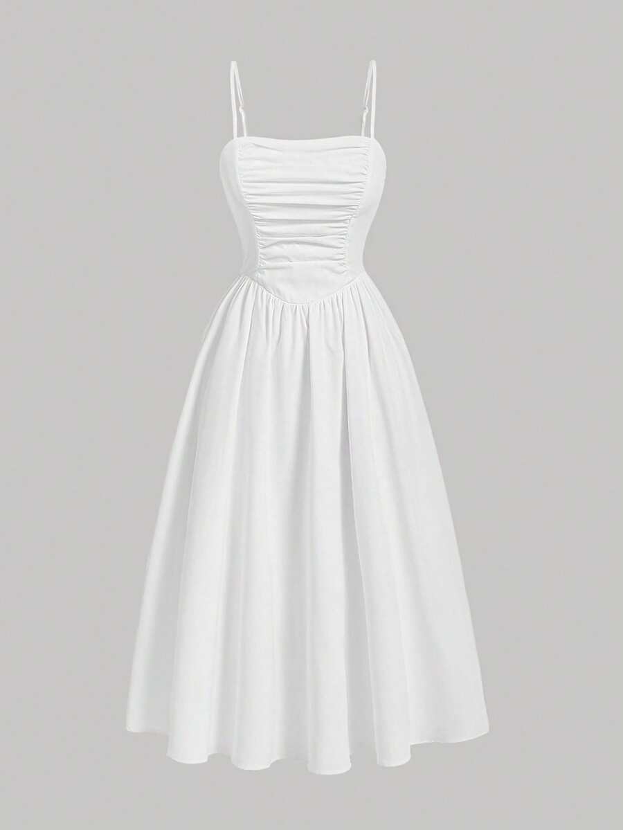 SHEIN MOD 女士休闲纯色褶皱吊带连衣裙，夏季