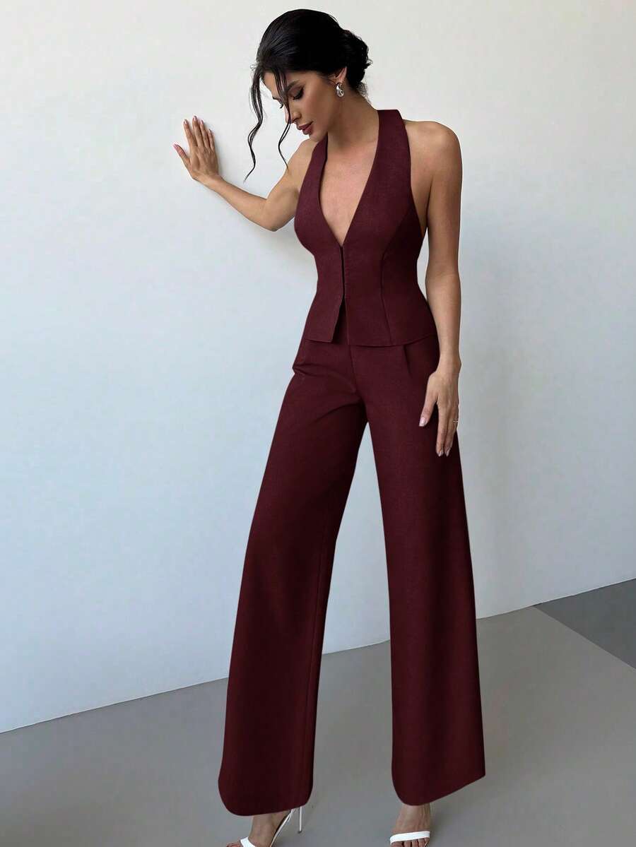 Firerie 两件套：优雅轻盈的亚麻裹身V领无袖背心和高腰褶裥阔腿裤，休闲商务通勤装，春夏、毕业典礼、教师装，秋冬返校季皆宜。 - 酒紅色 - 查看 1