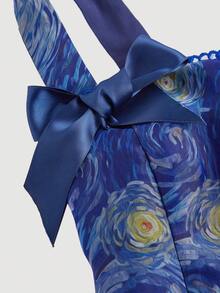 SHEIN MOD 蓝色梵高星空油画印花复古女式连衣裙吊带裙晚礼服假日装束蝴蝶结连衣裙