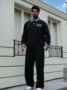 DAZY Men's Black Patchwork Collar & Cuff Letter Embroidery Pullover Pullover Sweatshirt Set, Autumn - Black - View 3