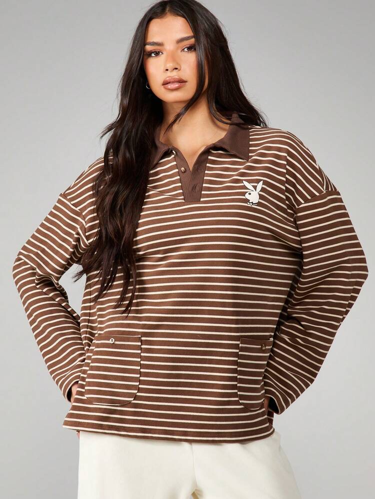 Missguided x Playboy Polo à manches longues rayé avec col et détail de poche avant pour un port casual en automne et en hiver