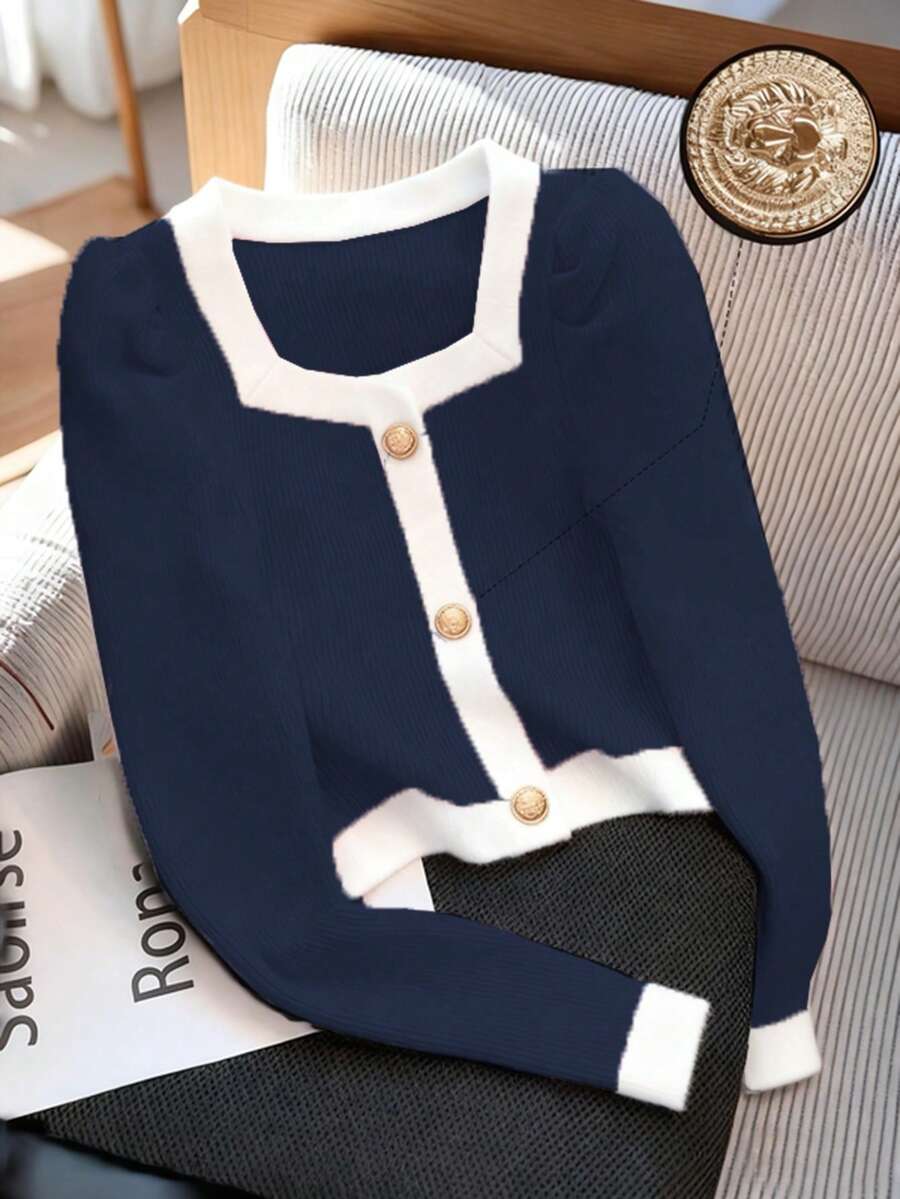 Franclia European & American Style Blogger Same Elegant Metal Buckle Contrast Color Square Collar Fitted Puff Sleeve Pullover Sweater - Navy Blue - View 1
