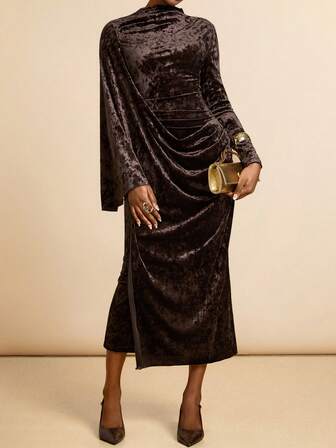 SHEIN Veneréa Elegant Women's Dress With Velvet Fabric, Pleated High Neck, Asymmetric Dolman Sleeves, Glossy Finish, Suitable For Autumn/Winter