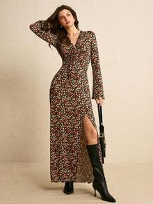 Poéselle 女士秋季时尚碎花高开衩连衣裙 - 彩色 - 查看 6