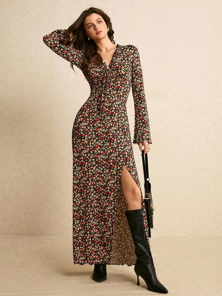 Poéselle Vestido com Fenda Alta e Estampa Floral Miúda de Moda Outono Feminina - Multicolorido - Visão 6