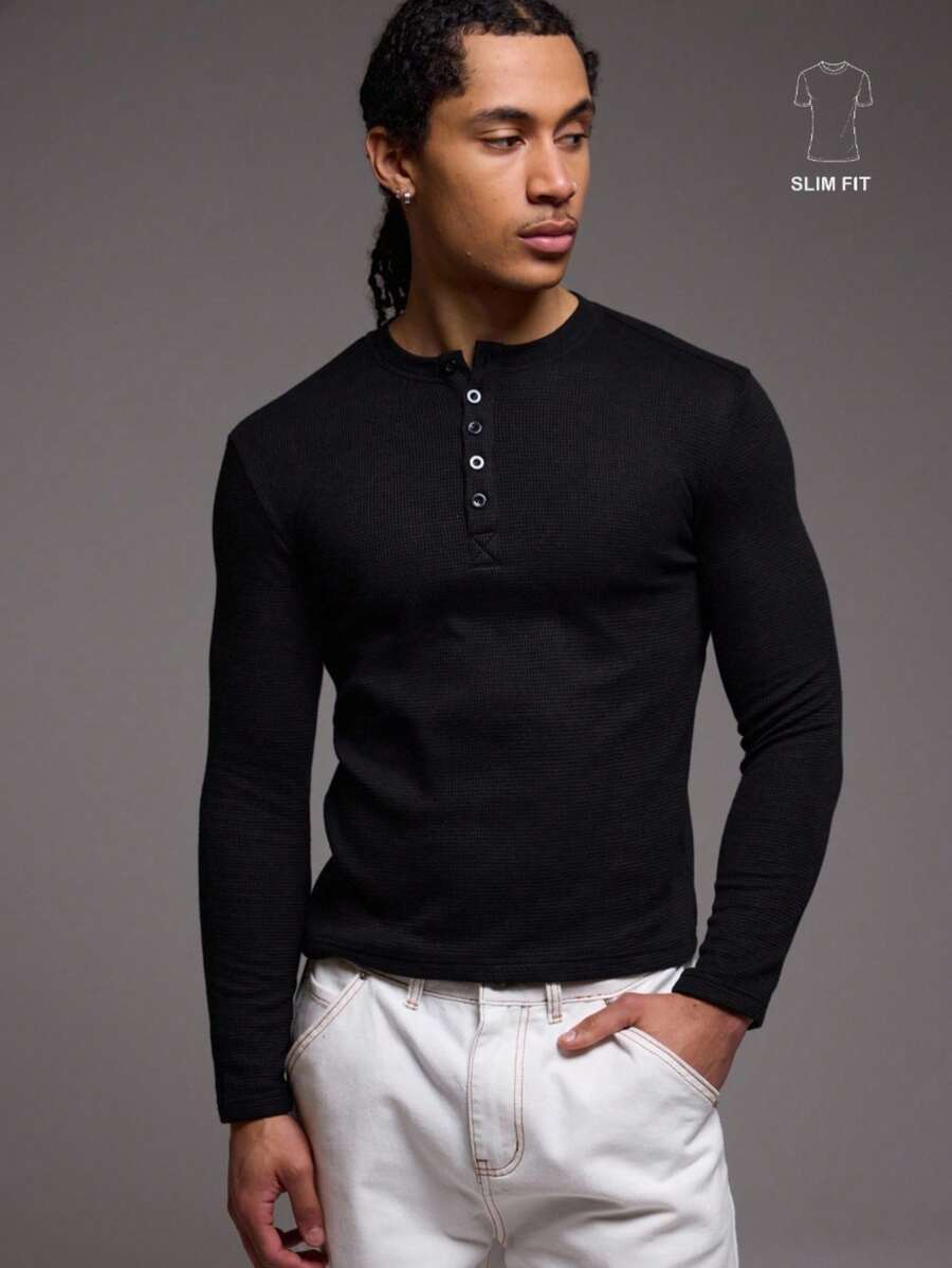 Musero Men Waffle Knit Front Popper Long Sleeve Top Layering Autumn Winter - Black - View 1