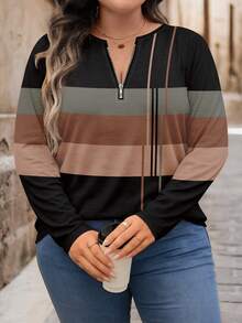 EMERY ROSE Plus Size Half Zip Round Neck Loose Long Sleeve T-Shirt - Multicolor - View 6