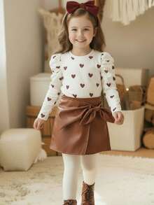 LMoss Kids LMoss Young Girl Love Knitted T-Shirt With PU Skirt Suit,, Suitable For Casual Daily Wear, Autumn/Winter Cute Tops, Girl Clothes Autumn And Winter Clothes, Cute Clothes, Girl Clothes Skirt Set - Multicolor - View 1