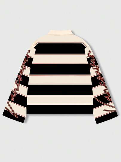 Street Life Men's Printed Long Sleeve Striped Polo Collar T-Shirt, Casual College Style Top