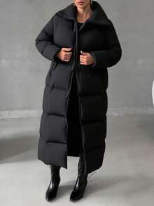 EURMUSE 休闲风格，保暖功能，长款同面料腰带羽绒冬装 - 黑色 - 查看 4