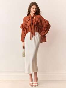 EMERY ROSE Peach V-Neck Tie Front Double Ruffle Hem Blouse, Sweet Romantic Vibrant Design, Suitable For Daily Wear And Shopping - Coffee Brown - View 1