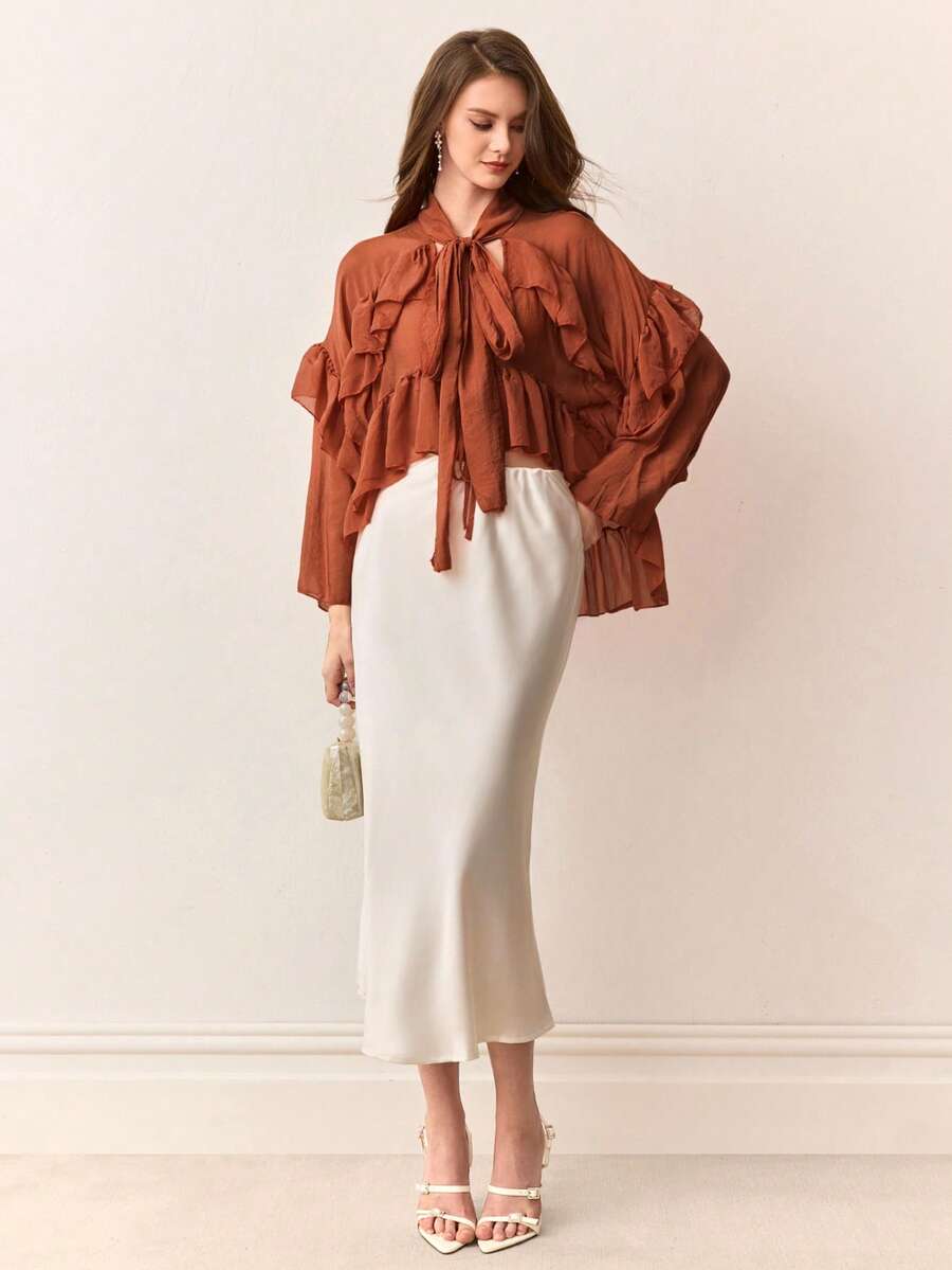 EMERY ROSE Peach V-Neck Tie Front Double Ruffle Hem Blouse, Sweet Romantic Vibrant Design, Suitable For Daily Wear And Shopping - Coffee Brown - View 1
