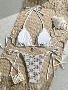 Swim Mod Conjunto de bikini sexy con sujetador triangular y Bottom con lazos laterales, decorado con estrellas de mar de tela texturizada, para primavera/verano - Multicolor - Ver 4