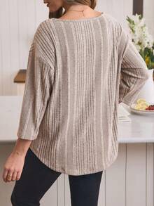 Isle Nomé Women's Casual Everyday Commute Simple Solid Color Ribbed Loose Drop Shoulder T-Shirt, Spring/Autumn - Apricot - View 2